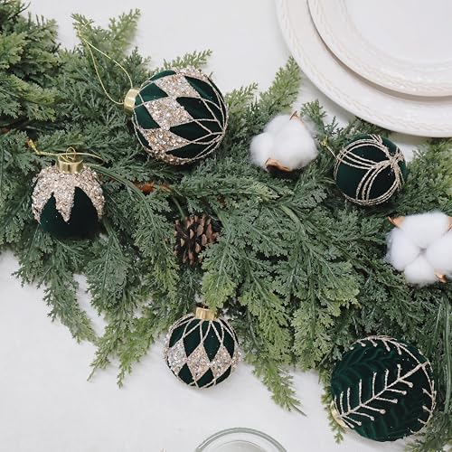 Image of 4IN Velvet Ornaments for Christmas Tree, 9PCS Large Flocked Ornaments Balls | deep green velvet christmas ornaments set,hanging neutral felt flocked balls bulk plastic shatterproof for tree decorations