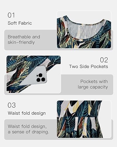 Image of AUSELILY Women's Short Sleeve Pleated Swing Summer Dress with Pockets | Knee-length short sleeve dress, empire waist & pockets, ideal for casual daily wear and vacation