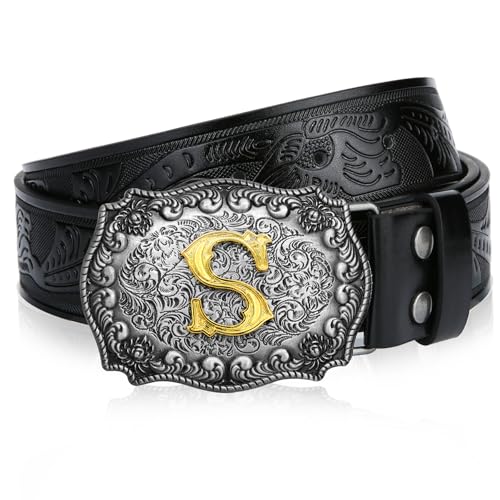 Image of Mens Western Cowboy Cowgirl Faux Leather Belt Longhorn Bull Pattern Letter Big Buckle Embossed Floral Belts