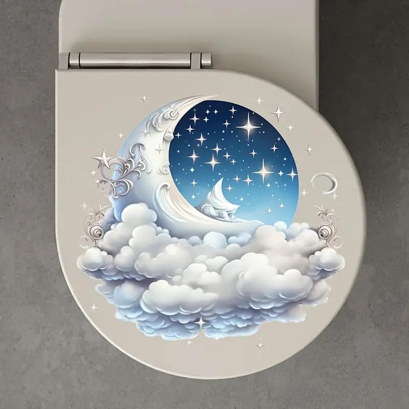 Fantasy Moon and Stars Cloud Toilet Cover Sticker Decals,Spring Flower Leaf Butterfly Waterproof Toilet Lid Tank Seat Decals Cistern Self-Adhesive Bathroom Wall Sticker