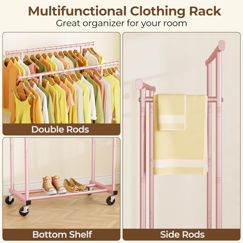 Double Rods Clothes Rack, Sturdy Rolling Clothing Rack, Portable Clothing Racks for Hanging Clothes - Metal Garment Rack Wardrobe Coat Rack for Bedroom Laundry Living Room, Pink