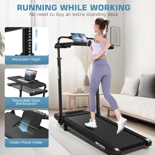 Image of Walking Pad Treadmill Adjustable Height, Under Desk Treadmills with Handle Bar and Incline, 300lbs Capacity Foldable Treadmill with Removable Desk Workstation, Installation-Free(Classic Black)