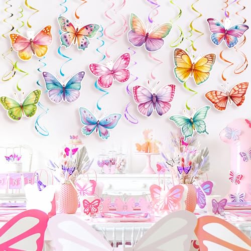 Image of 30 Pieces Butterfly Party Decorations - Watercolor Butterfly Hanging Swirls Spring Summer Theme Butterfly Decorations for Birthday Wedding Baby Shower Party Supplies