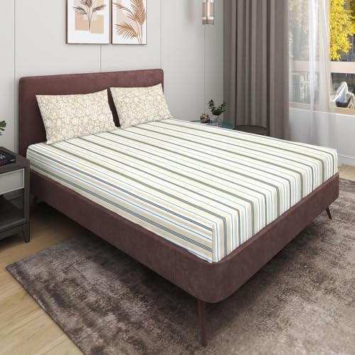 Image of RD TREND Cotton 210 Tc Presents Bedsheets for King Size Bed (100x108 Inches),Bedsheets for Double Size Bed with 2 Pillow Covers Size 18x28 Inch(Beige, Striped)