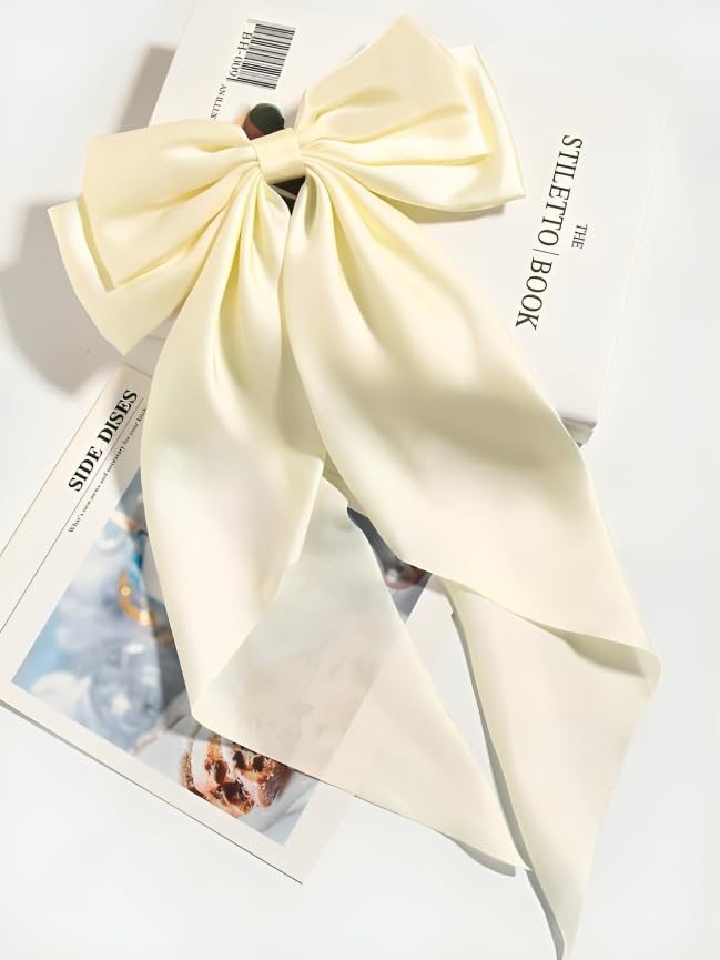 Image of FilterFashion Big Satin Layered Hair Bows for Women Girls 11.5 Inch Barrette Hair Clip Long Back Ribbon Bows French Style Hair Accessories (cream)