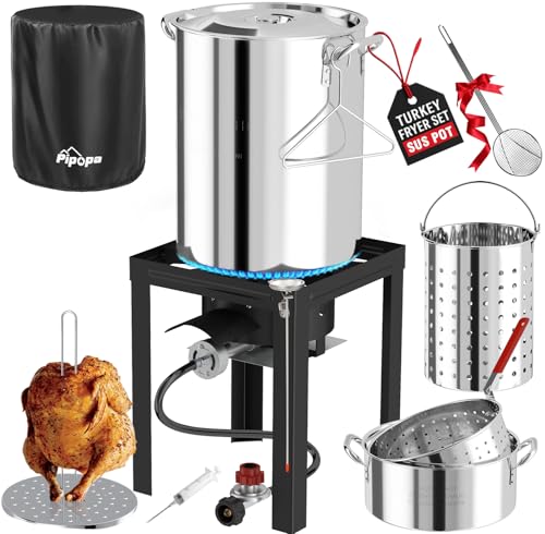 30QT Stainless Steel Turkey Fryer | Outdoor Fryer | Cover & Skimmer Included | Seafood Boil Pot | 50,000BTU Propane Burner | Deep Fryer Pot with Basket | Crab, Seafood & Crawfish Boiler
