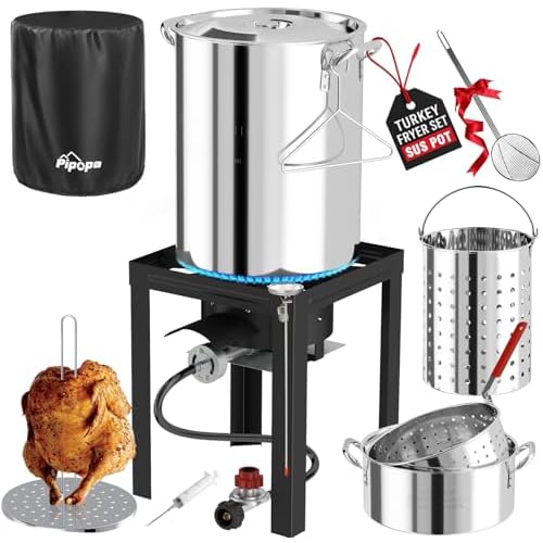30QT Stainless Steel Turkey Fryer | Outdoor Fryer | Cover & Skimmer Included | Seafood Boil Pot | 50,000BTU Propane Burner | Deep Fryer Pot with Baske