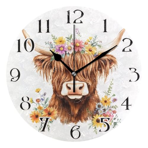 Image of Mnsruu Adorable Highland Cow Floral Clock Wall Clock for Living Room Silent Non-Ticking Round Clock 25cm Easy to Read Clocks Kitchen Home Decorative