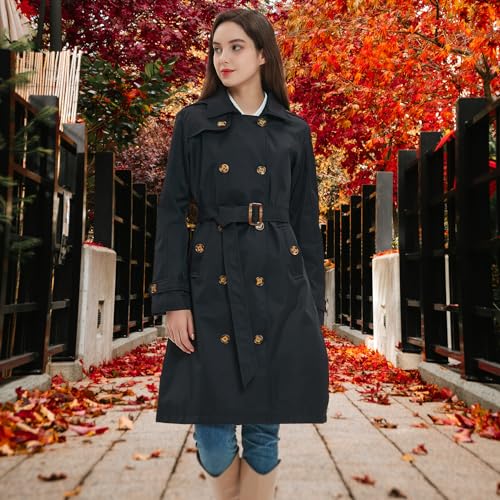 Image of Womens Trench Coat Double-Breasted Long windbreak Belted Slim Outerwear Coat with Detachable Hood S-2XL