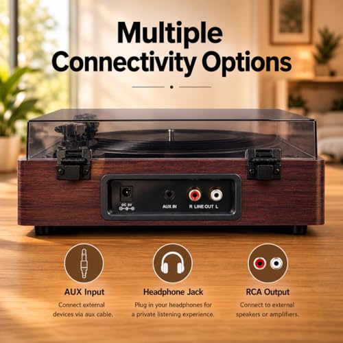 Image of HINISO Bluetooth Vinyl Record Player T516 with Bluetooth Input & Output | 3-Speed Turntable (33 /45 /78 RPM) | Built-in Speakers | RCA, AUX, Headphone Jack | Vintage Wooden Finish with Dust Cover