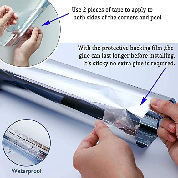 Image of WISDOM Window Privacy Film,One Way Mirror Film Daytime Anti UV Sun Blocking Heat Control Reflective Film Decorative Static Cling Home Office Living Room (20in x 3Feet, Silver Blue Film)