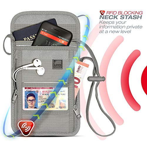 Lewis N. Clark Rfid Blocking Stash Neck Wallet, Travel Pouch + Passport Holder For Women & Men, Gray, One Size #TOP2