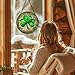 Hxlac Irish Green Shamrock Garden Suncatcher Stained Glass Window Hanging, Lucky Clover Sun Catchers Indoor Window Glass Round Wall Decor, St Patrick's Day Wall Art Hanging Decorations, ＂7.8x7.8＂