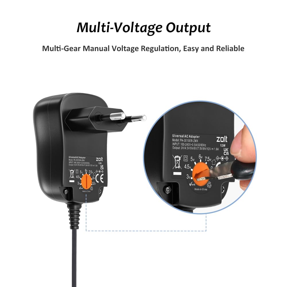 Zolt Zasilacz impulsowy 12 W AC na DC, 3 V, 4,5 V, 5 V, 6 V, 7,5 V, 9 V, 12 V, 1 A, uniwersalny zasilacz z 8 wtyczkami DC do głośnika, aparatu, lampy, tabletu i innych urządzeń elektronicznych