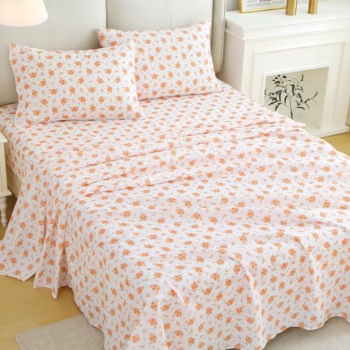 Image of MUXHOMO Queen Size 4 Piece Sheet Set, Soft & Breathable Sheet Set for Bedroom with Deep Pocket Up To 16 inch, Wrinkle-Free & Cooling Bed Sheet with Flat Sheet, Fitted Sheet & Pillowcases - Blossoms Orange