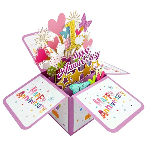 mmuue Happy 1st Anniversary Pop Up Card, Romantic 1 Year Anniversary Cards Gifts for Him Her, 3D First Wedding Card for Wife Husband Couple