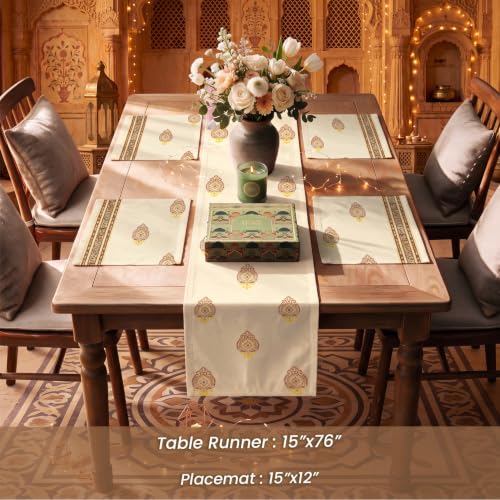 Image of Urban Space Festive Gift Set - Cotton Dining Table Runner with 4 Placemats & Scented Candle, 4 Seater Table Linen Set in Premium Gift Box, Diwali & Festive Home Decor Gift (Zari Buta Brown Gold)