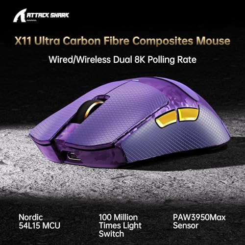Image of ATTACK SHARK X11Ultra 8K Carbon Fiber Tri Mode Wireless Gaming Mouse-Purple | 42000 DPI-PAW3950 MAX Sensor-63g Lightweight,Nordic 54L15 MCU Chip,Wired /BT /2.4Ghz,100 Million Clicks,Programmable for PC Mac