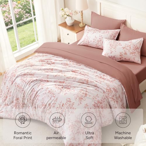 Image of Andency Floral Comforter Full Set, 7 Pieces Pink Rose Flower Bedding Set