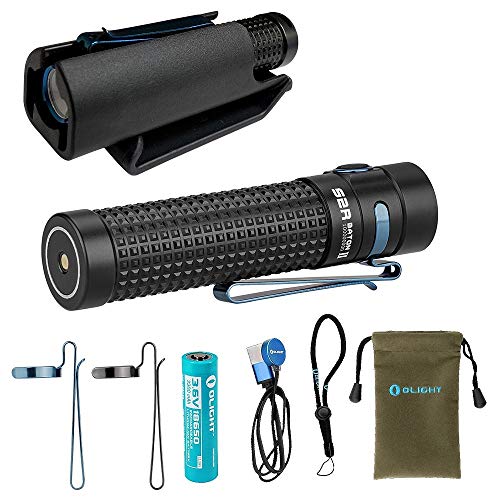 Holster Bundle Olight S2R II Baton 1150 Lumen Rechargeable LED Flashlight Side-switch EDC with one customized 3200mAh 18650 Battery, USB Magnetic Charging Cable (MCC II) and Click-on Kydex Holster