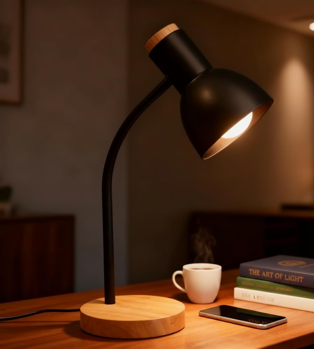 BEL AIR HOME | Lámpara flexo de escritorio ARGOS | 40 cm, negro, madera natural y metal | Cuello flexible, base antideslizante, cable con interruptor | Iluminación eficiente y elegante