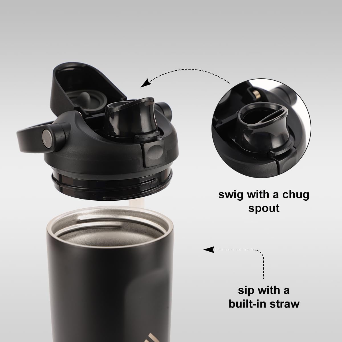 30oz Dual-Sip Insulated Stainless Steel Water Bottle with Built-In Straw & Bucket Handle, BPA-Free, Leak-Proof, Perfect for Gym, Travel, Office, School, Sports & Gifts for Women & Men, Matte Black