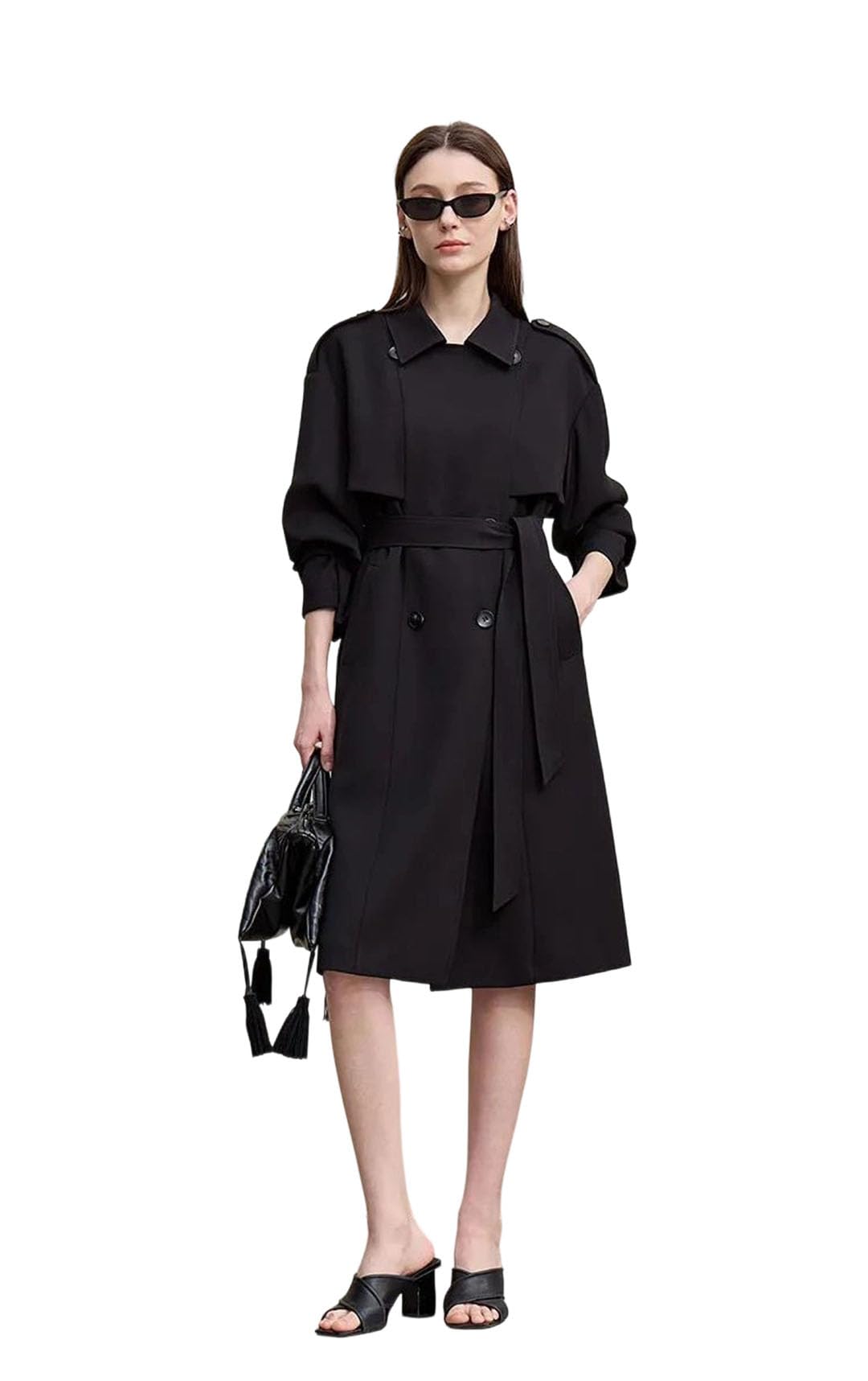 Women Winter Commuter Adjustable Waist Double Breasted Straight Long Trench Coat