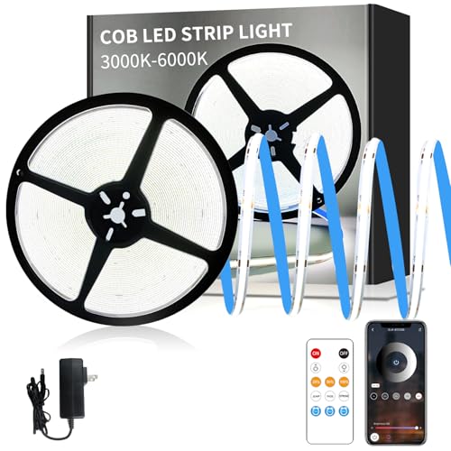 Yeewhale COB LED Strip Lights 50ft,6000K DC 24V Dimmable White Flexible LED Rope Lights for Bedroom,with Remote and app Control LED Lights Strip for Living Room, Shelf, Cabinet