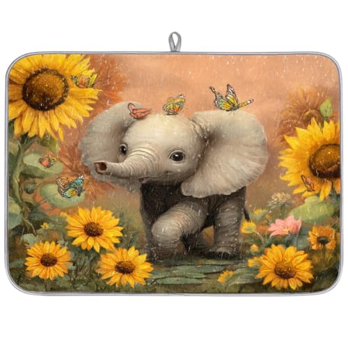 Axurera Alfombrilla de secado de platos con diseño de elefante con girasoles y mariposas para encimera de cocina, absorbente, lavable, para escurridores de encimera, 61 x 46 cm