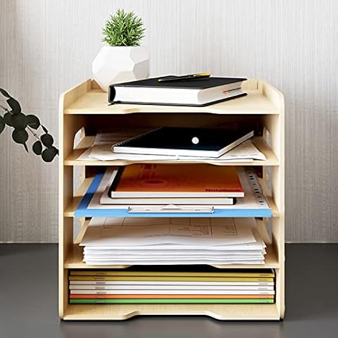 PUNCIA 5Tiers Lengthways Wood Office Paper Organizer for Desk Desktop File Holder Stackable Letter Tray Legal A4 Paper Sorter Document Book Magazine Mail Storage Shelf Rack Desk Literature Organizer Cover