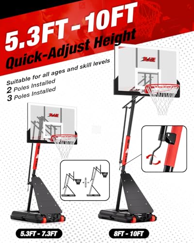 Image of Basketball Hoop Outdoor 5.3-10ft Height Adjustable Portable Basketball Goal System with 45 Inch Shatterproof Backboard for All Ages in Backyard /Driveway /Indoor