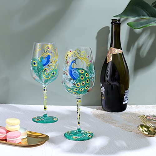 NymphFable Hand-Painted Wine Glass Coloured Peacock Gifts Artisan Painted Glass 15oz Personalised Gift for Best Friend - Image 2