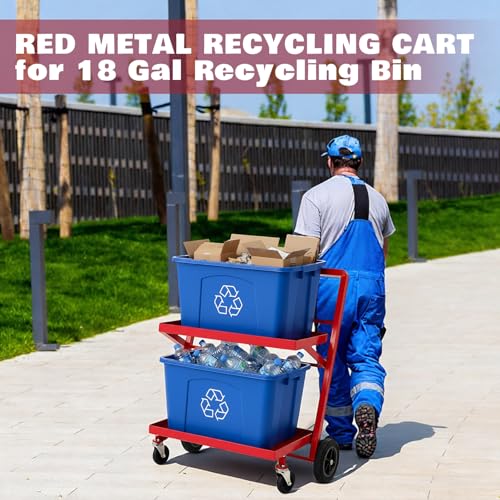 Carrito de reciclaje de metal rojo de 2 niveles de 18 galones con ruedas de goma 5