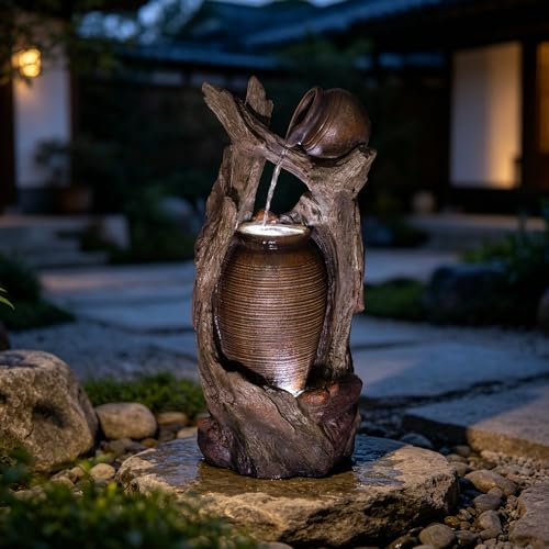 Image of Tree Root Pot Outdoor Water Fountain, Resin with LED, 39.4 in