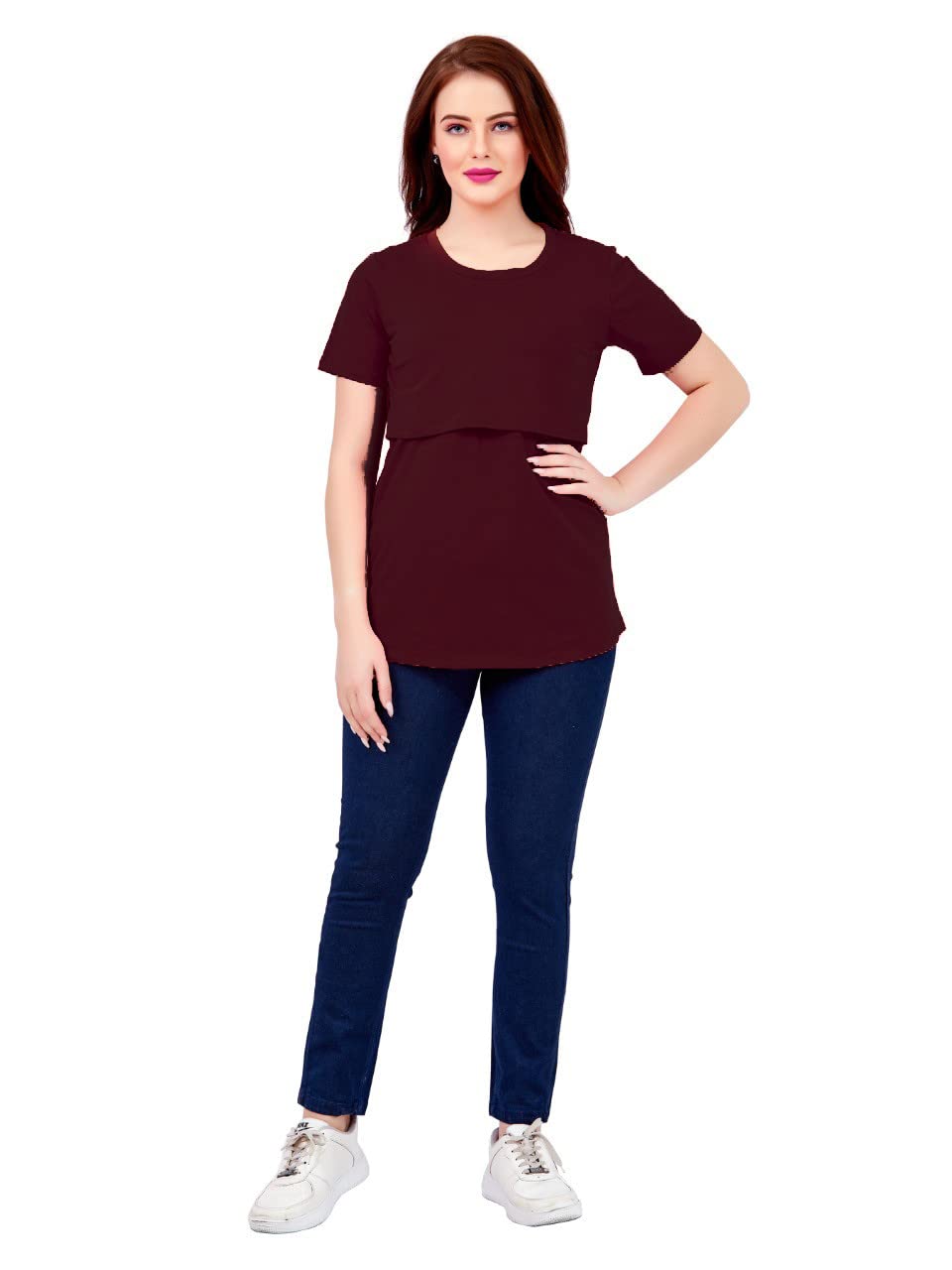 Easy Feed Women's Cotton Maternity Feeding Tops | Nursing Tops for Feeding Baby | Half Sleeve T-Shirt for Pregnant Women Post PregnancyMaroon(2XL) - Image 3 thumbnail
