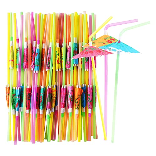 CVNDKN 150 Pcs Umbrella Straws,Colourful Disposable Bendable Drinking Straws For Tropical Hawaiian Beach Theme Parties, Bar Cocktail Decoration.