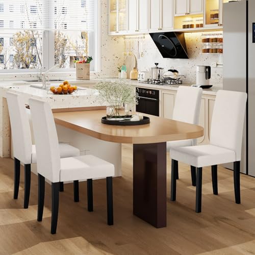 Image of COSTWAY Fabric Armless Dining Chairs Set of 4, Upholstered Kitchen Side Chair w /Rubber Wood Legs, Padded Seat & High Backrest, Mid-Century Modern Accent Chairs for Living Room Restaurant (Beige)