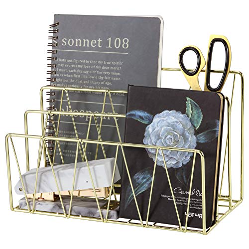 Simmer Stone Clasificador de correo, soporte para cartas de alambre de 3 ranuras, organizador de archivos de escritorio decorativo para billetes, postales, folletos, revistas y ms, dorado