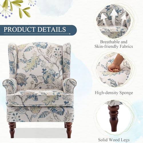 Bezseller Wingback Floral Accent Chair, Upholstered Fabric High Back Arm, Leisure Single Sofa Club Chair with Wood Legs, Armchair for Living Room, Bedroom, Home Office, Blue Floral