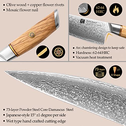Xinzuo 8.3 Inch Chef Knife 73 Layer Damascus Powder Steel, Professional Kitchen Cooking Knife Gyuto Knife, Hand Forged Sharp Blade Slicing Knife With Olive Wood Handle -Lan Series #TOP3