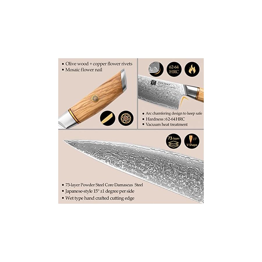 XINZUO 73 Layers Hand Forged Damascus Kitchen Knife Set-5Pcs Professional Chef Knife Set, Magnetic Knife Block, Natural Walnut Knife Holder Stand for Counter Top, with Strong Magnets