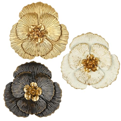 DILATATA 3 Pcs Metal Flower Wall Art Set 10 Inch Rustic Modern Floral Sculpture 3D Metal Flower Wall Hanging Accent for Indoor Living Room Bedroom Kitchen Bathroom Garden Patio Decor - Mixcolor
