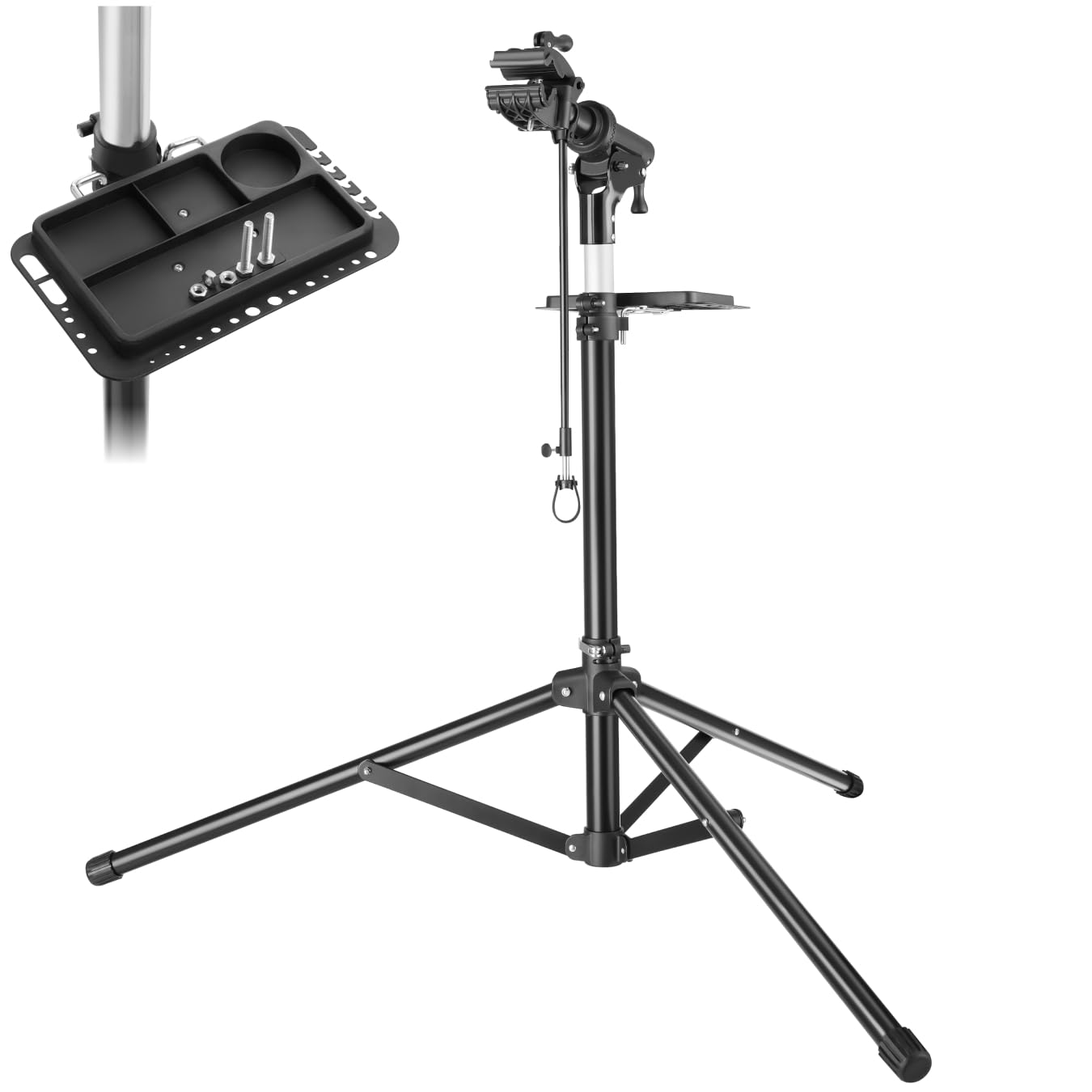 tectake® Cavalletto Manutenzione Bici, Cavalletto per Bici Pieghevole, Supporto Bicicletta, Girevole 360°, Altezza Regolabile, Stabilizzatore Ruota Anteriore, Carico Max 50 kg - Nero