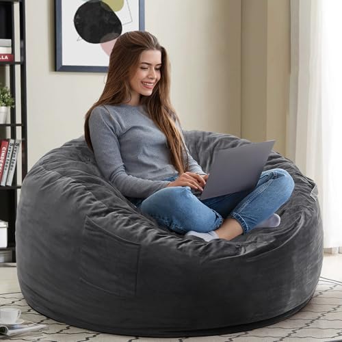 Kromax Large 3.5’ Bean Bag Chair for Kids, Teens, Adults, Memory Foam, Easy to Clean Washable Soft Suede Cover, Reinforced Zipper, Perfect for Living Room, Den, Bedroom, or Dorm, Dark Grey