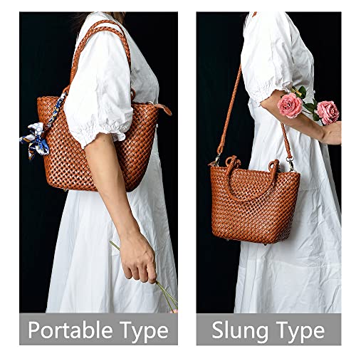 Cowhide Woven Handmade Women's Bag Genuine Leather Texture Casual Niche Vintage Bag French Style Handbag and Shoulder Bag, Brown4