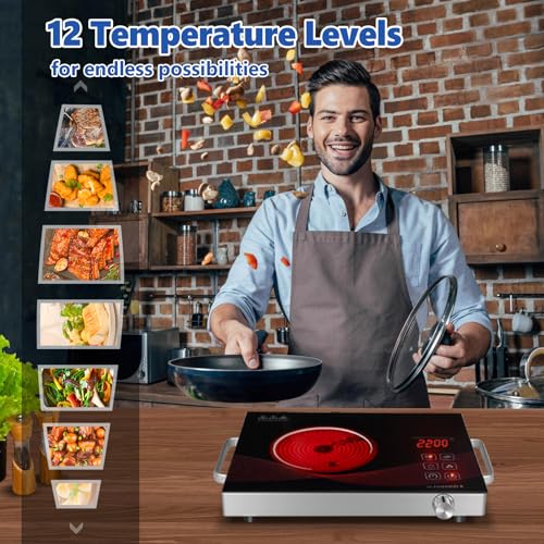 Image of Sizzle Cook Single Burner Infrared Electric Stove, Small Countertop Portable Hot Plate for Cooking, 2200W Ceramic Glass Infrared Burner with LCD Touch Screen
