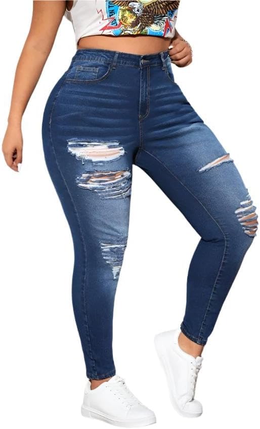 Plus Size High Waist Stretchy Distressed Skinny Denim Jeans – Ripped Design, Medium Stretch Fabric, Multiple Colors