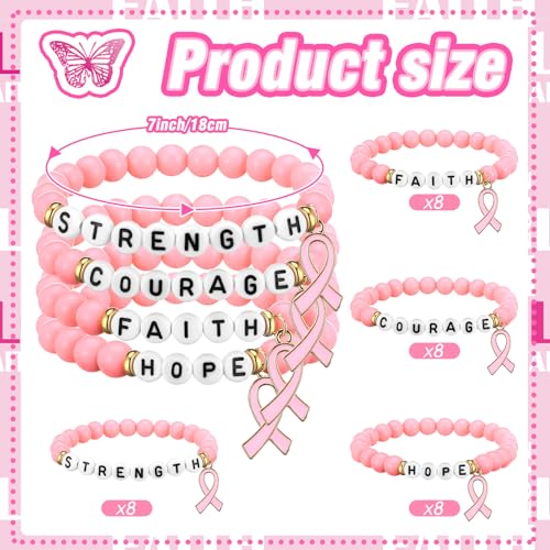 Tondiamo 32 Pcs Breast Cancer Awareness Bracelets Pink Ribbon Bracelet Acrylic Jewelry Gifts Hope Faith Courage Strength Woman Beaded Strand for Survivor Support Campaign Cancer Patients4