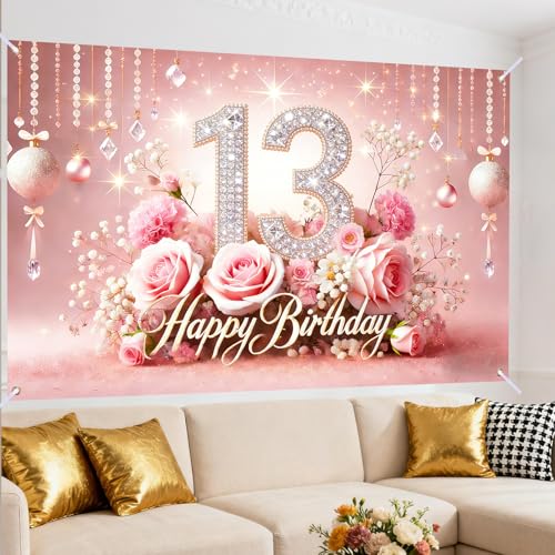 Image of Nuxovilar 13th Birthday Banner - Elegant Pink & Gold Floral Backdrop | with Glitter inch13 inch Sign, 71x43 Inch Large Party Decor for Women & Men, Reusable Indoor /Outdoor Hanging
