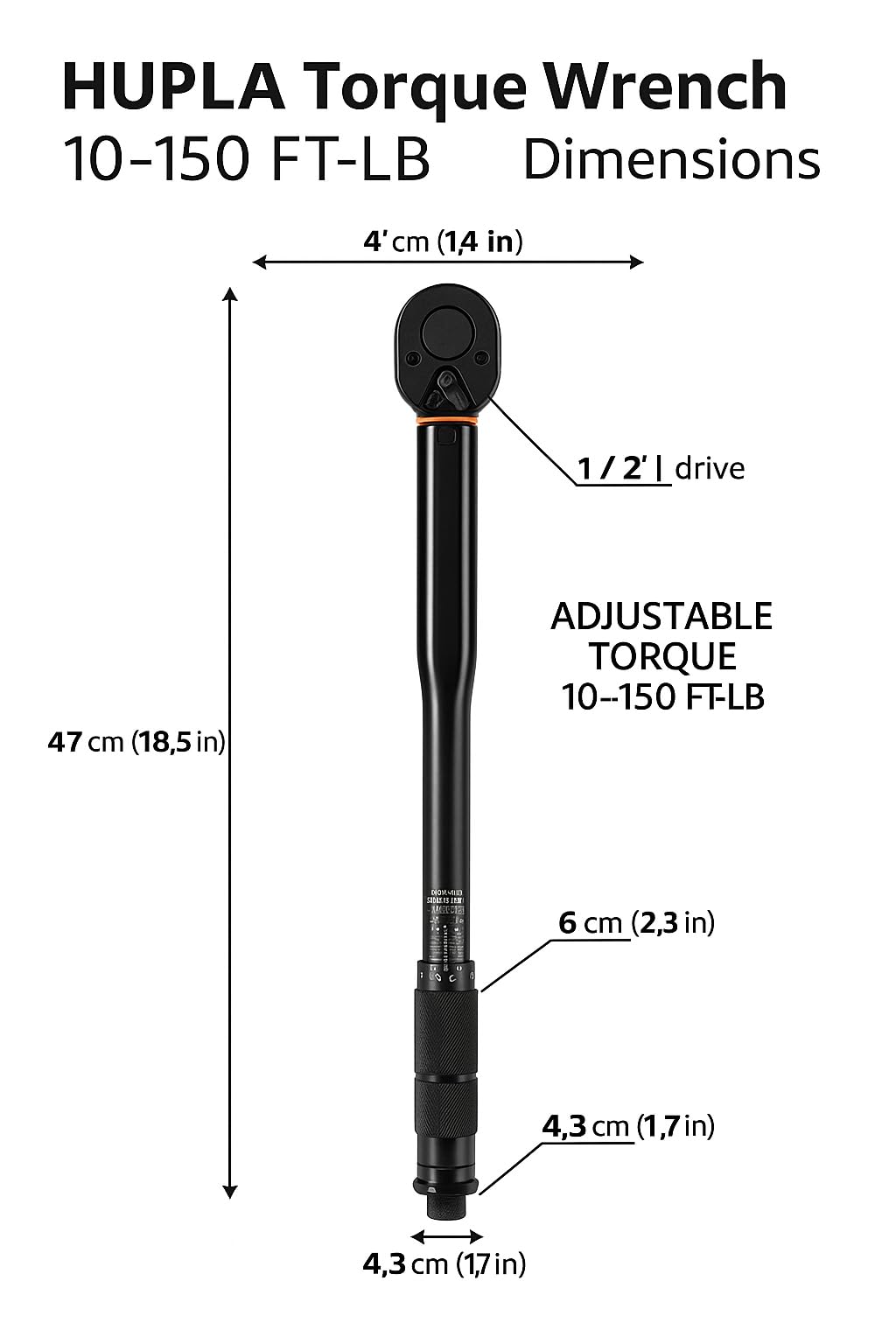 HUPLA 1/2" Drive Click Torque Wrench (10–150 Ft-Lb / 28–210 Nm) | Dual Range Micrometer Adjustable Ratchet Wrench for Car, Bike & Industrial Use | Torque Tool with Storage Case - Fixed Square 1
